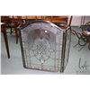 Image 1 : Leaded glass three panel fireplace screen in quality metal frame, 34" X 26" on the center panel with