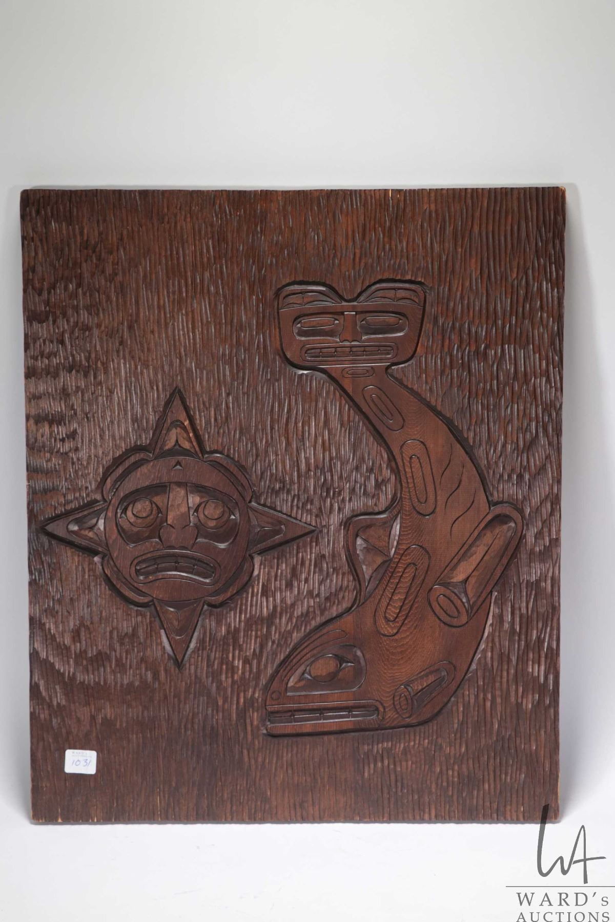 Haida Hand Unframed, hand carved Haida panel, signed on verson in syllabics and ...