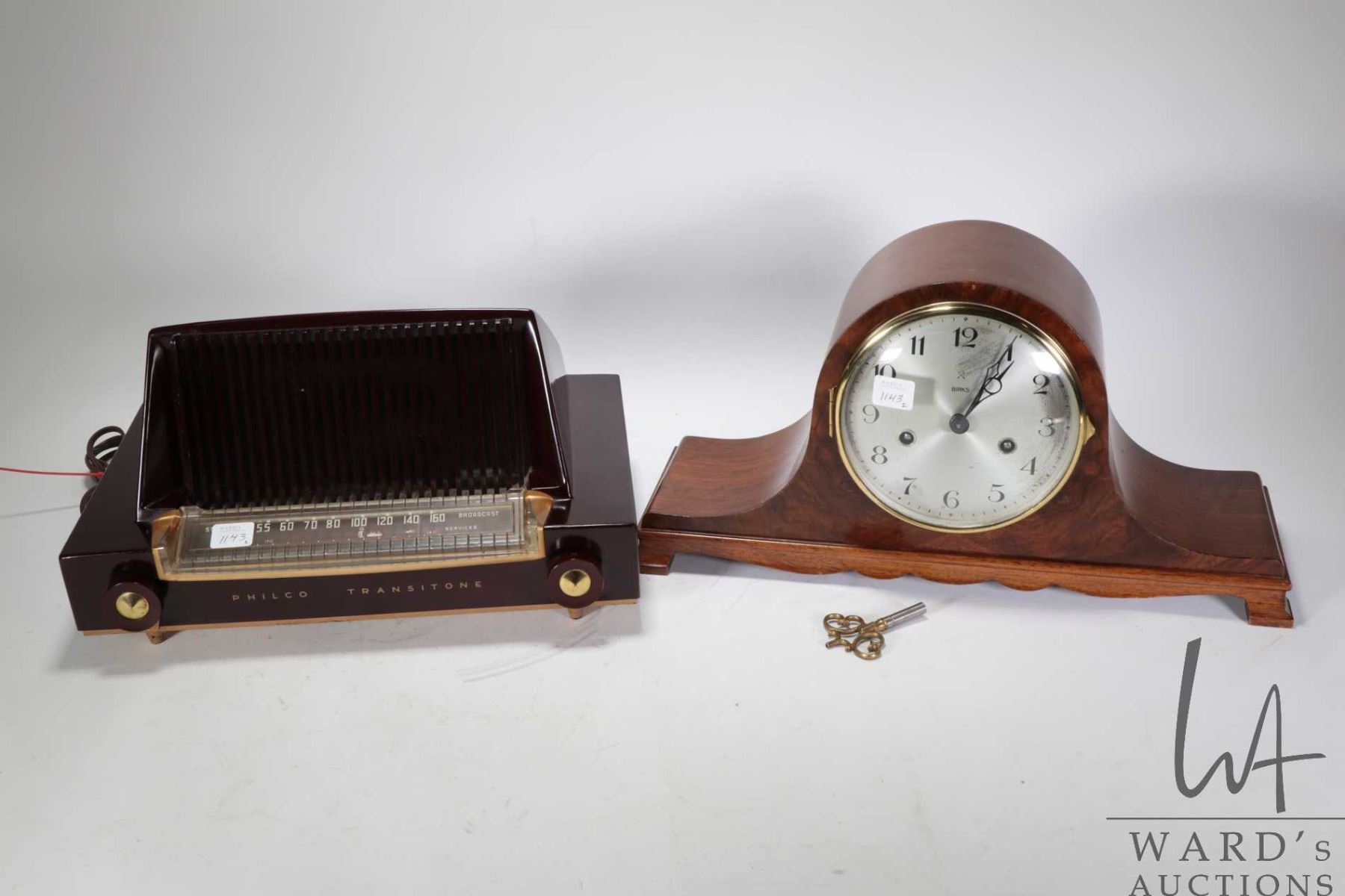 Antique Mahogany cased top hat clock marked Birks and a Philco ...