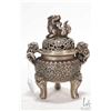 Image 2 : White metal lion motif incense burner with pierced lid, 6 " in height