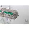 Image 2 : Antique Art Deco platinum emerald and diamond brooch set with center hexagonal step cut .50ct diamon