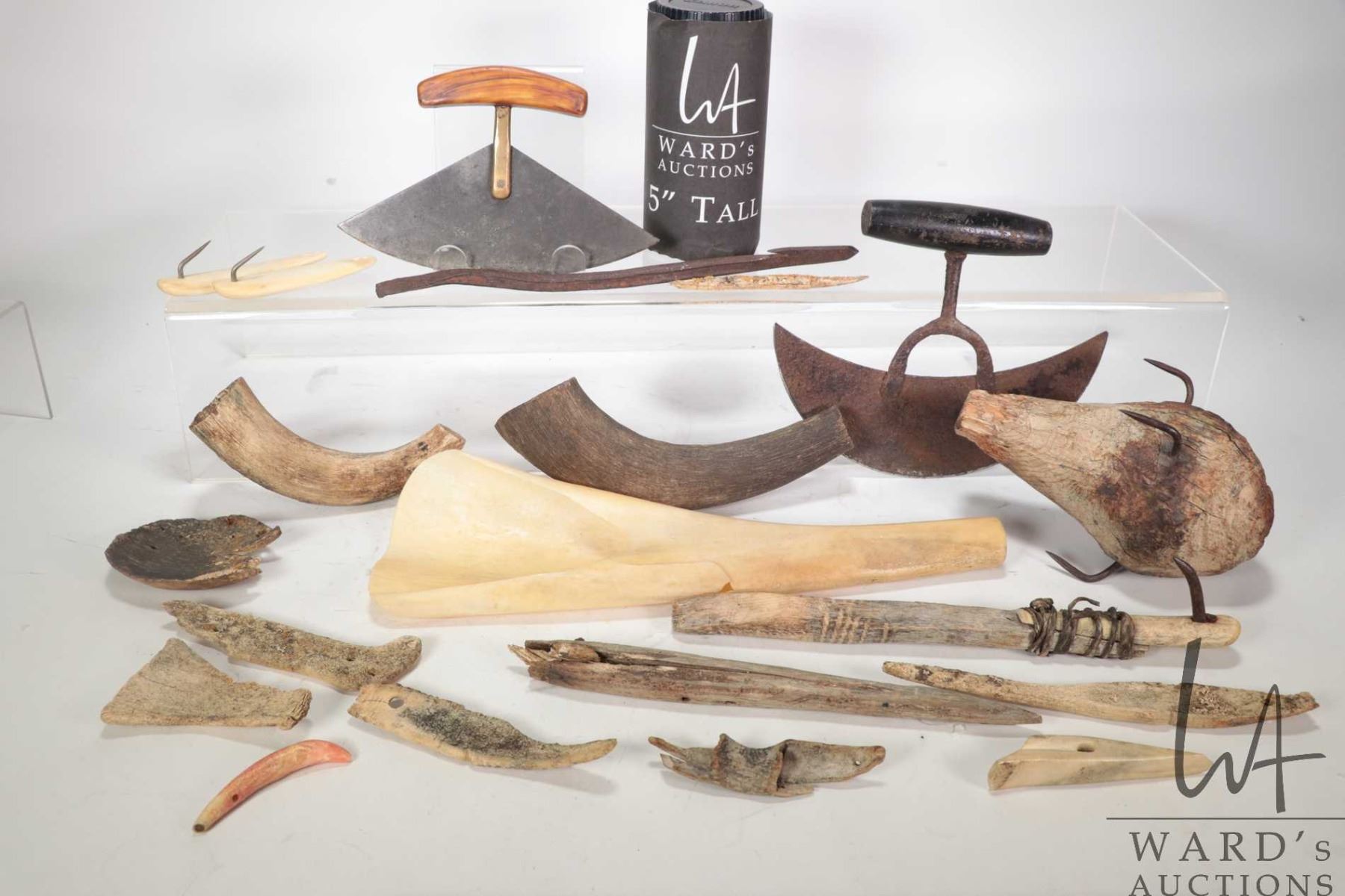 Inuit Ritual Objects Tray lot of Inuit artifacts including two skinning knives, hand crafted ...