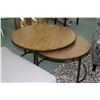 Image 1 : Nested set of two modern round tables with copper toned metal base and cork like top, 30" and 36" di