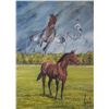 Image 2 : Framed oil on board painting of a pastoral horse remembering its past, signed by artist Nancy Doughe