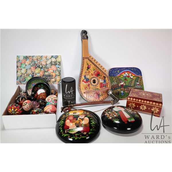 Selection of hand painted and hand crafted items including round lidded ...