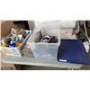 Image 1 : 2 TOTES OF ELECTRONICS AND CLEANING SUPPLIES