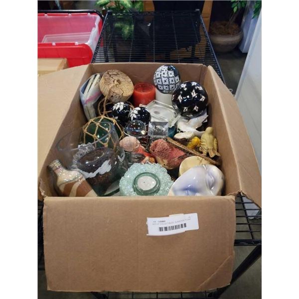 BOX OF COLLECTIBLES, GLASS FISH FLOAT ETC