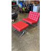 Image 2 : RED LEATHER LOUNGE CHAIR WITH OTTOMAN