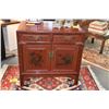 Image 2 : CHINESE RED LACQUER CHEST W/2 DRAWERS & 2 DOORS W/FLOWER & BIRD MOTIF (32" X  20 1/4" X 32")