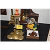 Image 1 : MIXED LOT: BONE HINDU DEITIES, LOVING BRONZE BEAR, SPANISH MIRROR WALL SHELF, SPANISH CANDLE STICKS 