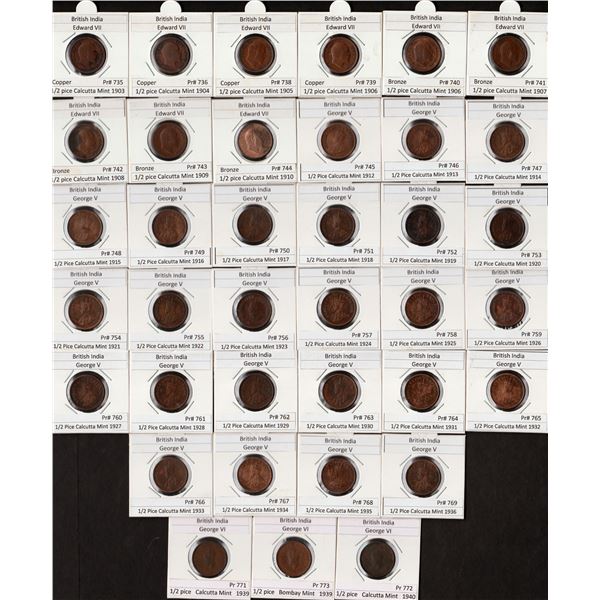 Different Ruler, Mint, and Years of Copper and Bronze Half Pice Thirty-Seven Coins Collection.