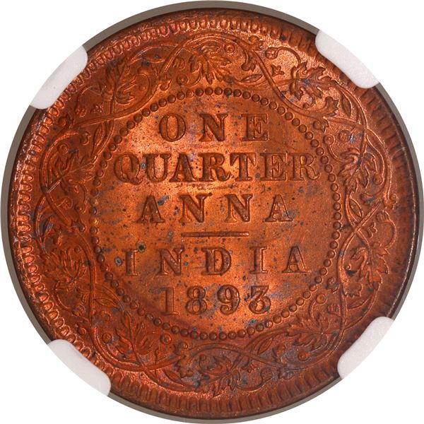 Scarce NGC MS 64 RB Copper One Quarter Anna Coin of Victoria Empress of Calcutta Mint of 1893.