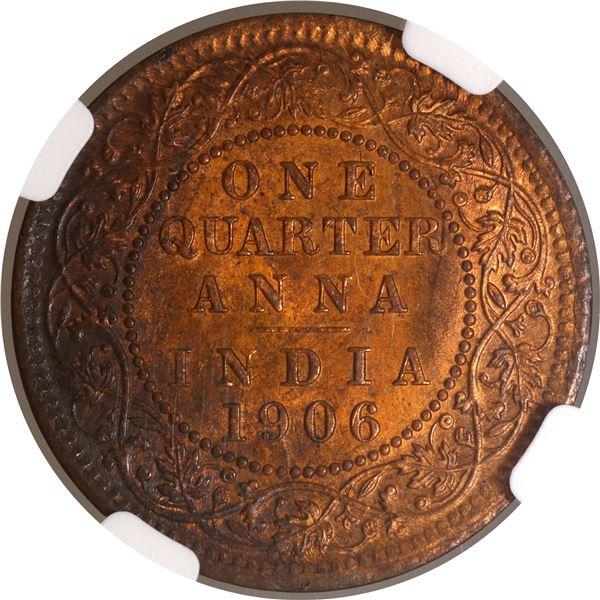 NGC MS 63 RB Graded Bronze One Quarter Anna Coin of King Edward VII of Calcutta Mint of 1906.