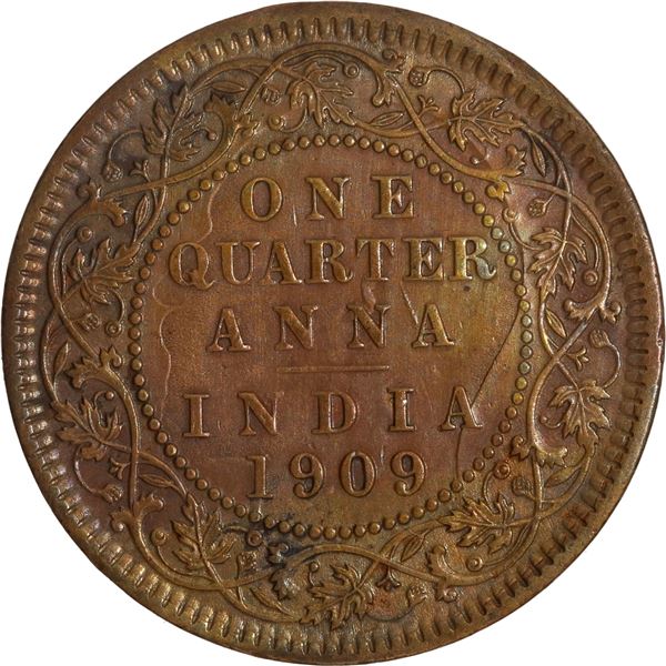 Very Rare Key Date of Bronze One Quarter Anna Coin of King Edward VII of Calcutta Mint of 1909.