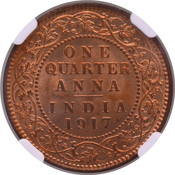 Very Rare NGC MS 66 RD Graded Top Pop Bronze One Quarter Anna Coin of 1917 of King George V of Calcu