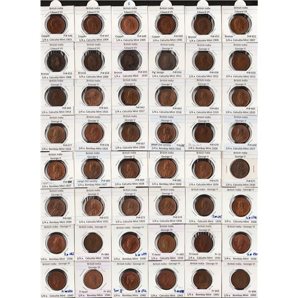 Different Ruler, Mint, and Years of Copper and Bronze One Quarter Anna Forty-Eight Coins Collection.