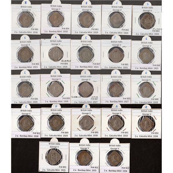 King George V of Cupro Nickel Two Annas Twenty-Three Coins Collection of Different Years and Mints.