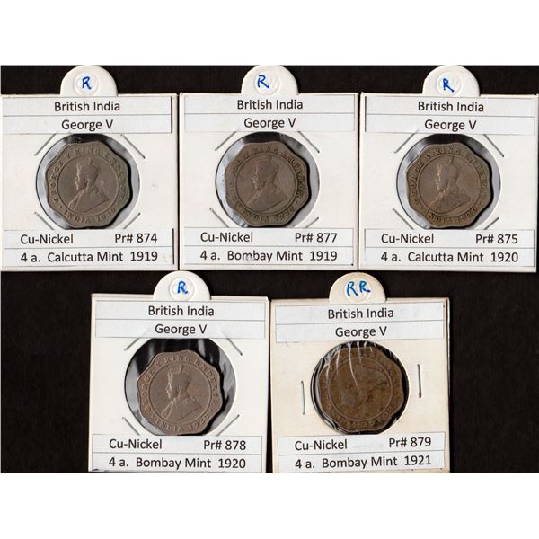 King George V Cupro Nickel Four Annas Five Coins Collection of Calcutta and Bombay Mint of 1919, 192