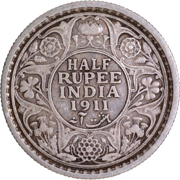 Extremely Rare 1911 Silver Half Rupee Coin of King George V of Calcutta Mint.