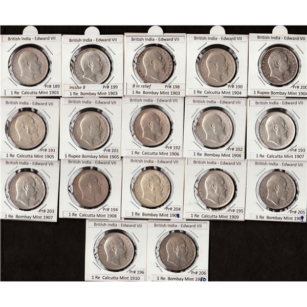 Different Years of King Edward VII Silver One Rupee Seventeen Coins Collection of Calcutta and Bomba