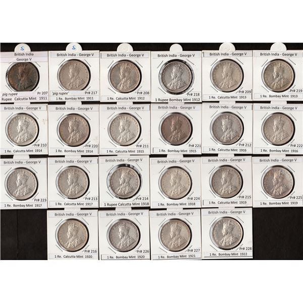 Silver One Rupee Twenty-Two Coins Collection of King George V of Calcutta and Bombay Mint of Differe