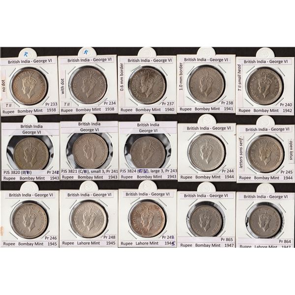 King George VI Silver and Nickel Fifteen Coins Collection of Different Years of Calcutta, Bombay, La