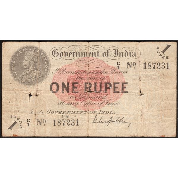 Calcutta Circle of One Rupee Banknote of 1917 of King George V Signed by M M S Gubbay.