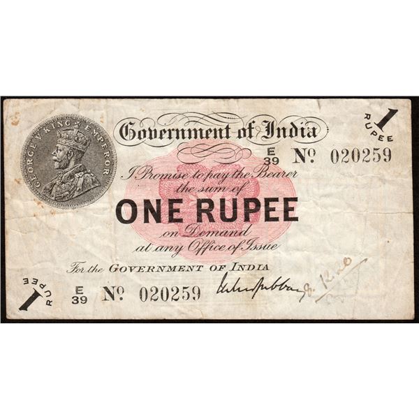 British India One Rupee Banknote of King George V Signed by M M S Gabbay of Universalized Circle of 