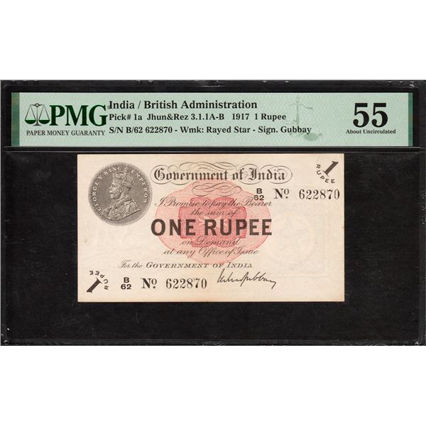 Extremity Rare PMG Graded 55 About Uncirculated One Rupee Banknote of British India of 1917 Signed b