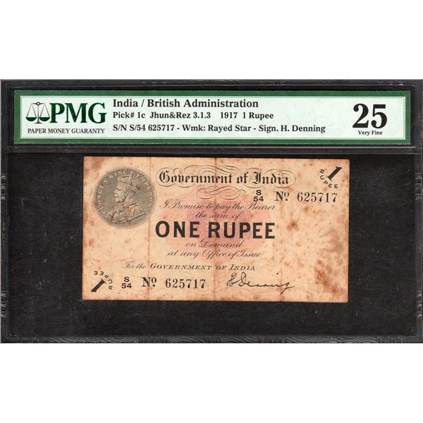 Very Rare One Rupee Banknote of King George V of 1917 Signed by H Denning.