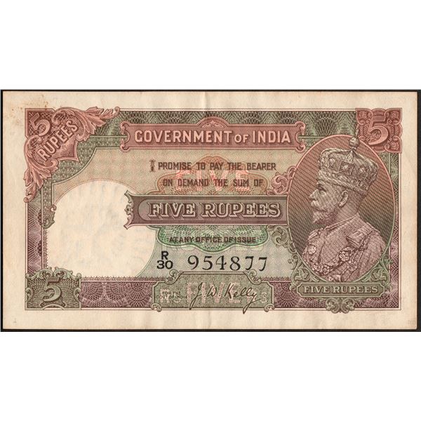 Very Rare Banknote of British India of Five Rupees of 1934 of King George V Signed by J W Kelly.