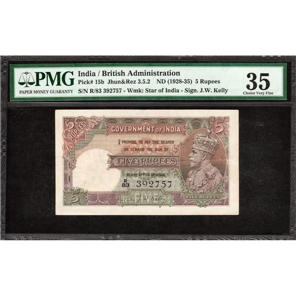 Very Rare PMG Graded 35 Choice Very Fine Five Rupees Banknote Signed by J W Kelly of King George V o