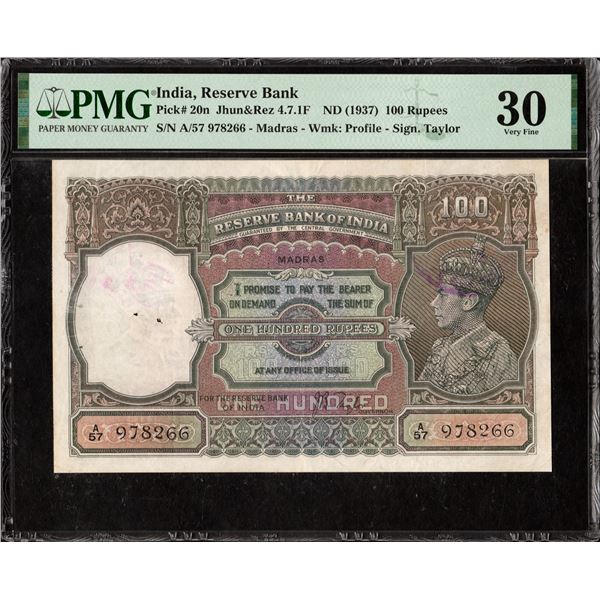 Very Rare PMG Graded 30 Very Fine Signed by J B Taylor of 1938 of One Hundred Rupees Banknote of Bri