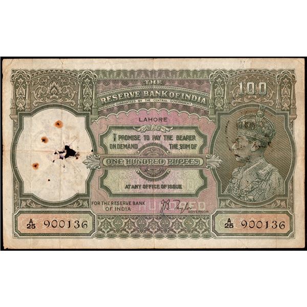 Very Rare Banknote of British India of One Hundred Rupees Signed by J B Taylor of 1938 of Lahore Cir