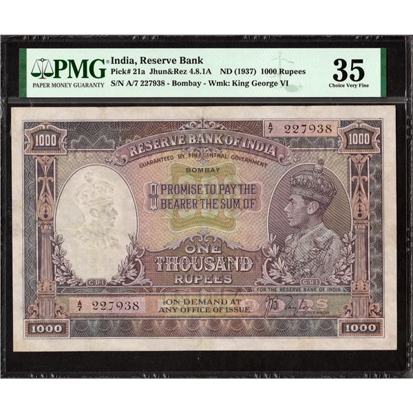 Extremely Rare PMG Graded 35 Choice Very Fine King George VI One Thousand Rupees Banknote Signed by