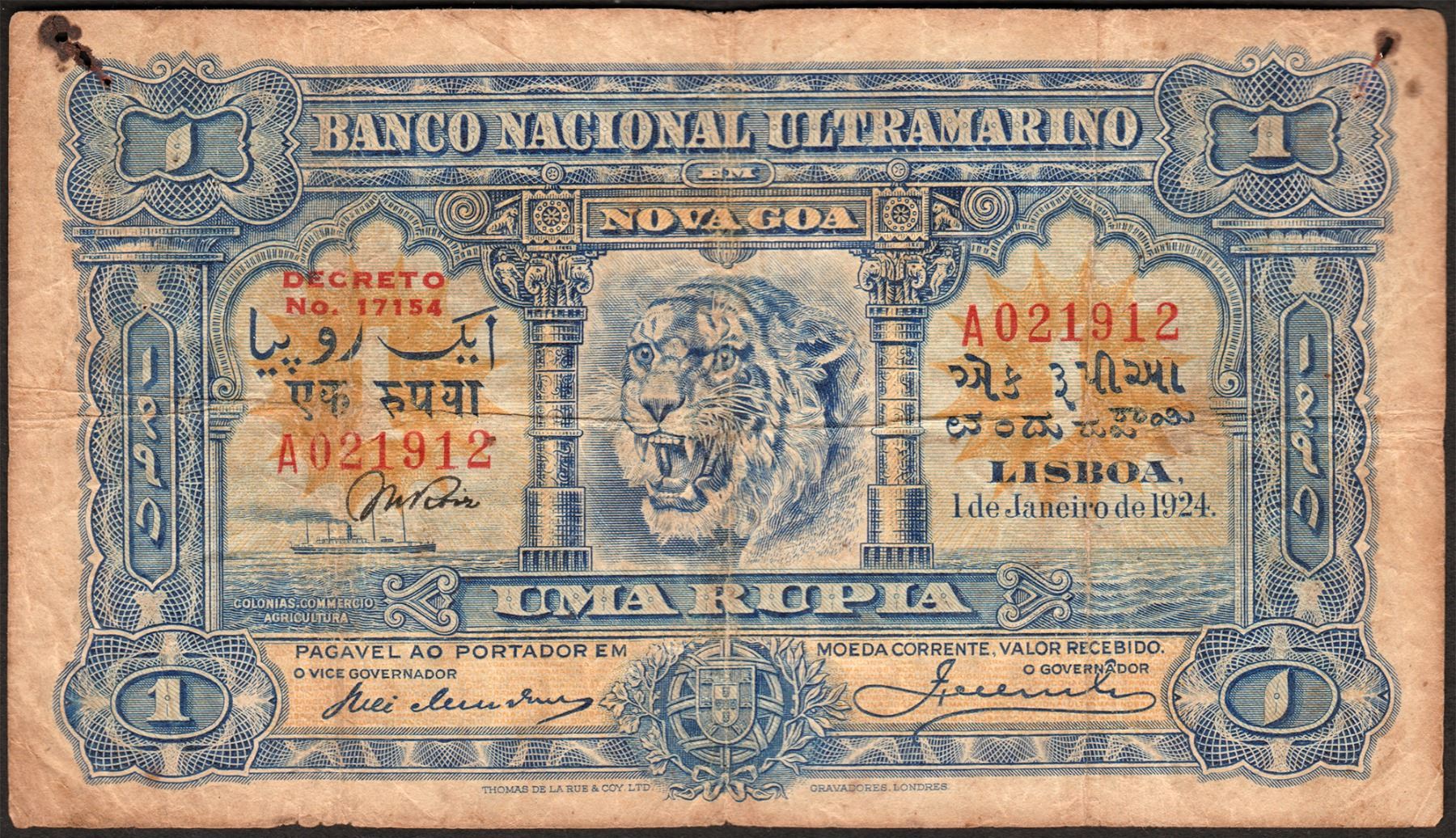 Extremely Rare Uma Rupia Banknote of Banco Nacional Ultramarino of Indo ...