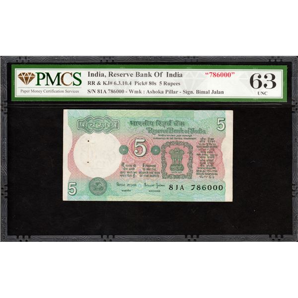 Rare Republic India Banknote of Fancy Number 786000 Signed by Bimal  Jalan of 1997-2003 with PMCS 63