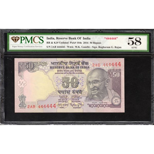 Fifty Rupees Banknote of Fancy Number 444444 of Republic India of 2016 Signed by Raghuram G Rajan.