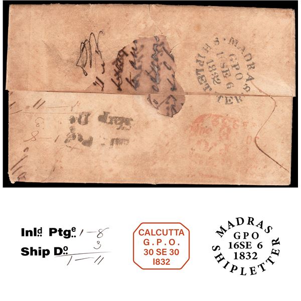 Unrecorded Extremely Rare Pre Stamp Ship Letter dispatched from Madras to Calcutta in 1832 via Corom