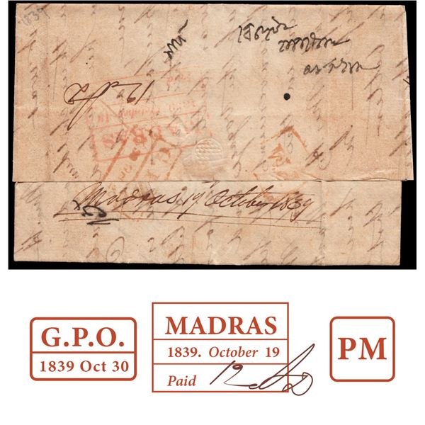Rare Pre Stamp Paid Cover dispatched from Madras to Calcutta in 1839.