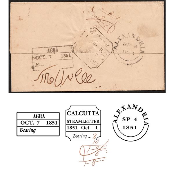 Extremely Rare Pre Stamp Steam Letter of 1851 from Alexandria to Agra and Shimla with value 1 Rupee 