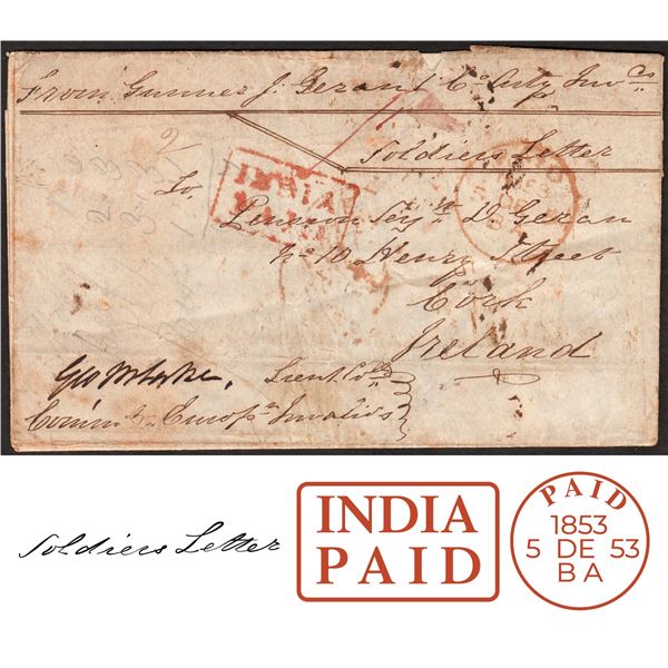 Unrecorded India-Paid Pre Stamp Ship & Soldier’s Letter sent from Chunnar to Cork in 1853 of 8 Annas