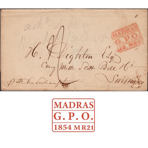 Pre Stamp Cover Steamer letter dispatched from Madras to Southampton in 1854.