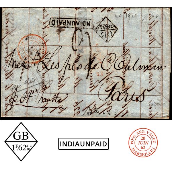 India Unpaid Letter sent Bombay to Paris (France) on 24th May 1862.