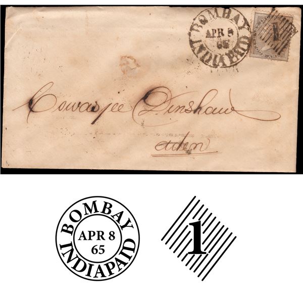 Rare 1865 Cover Dispatched to Aden Steamer Point from Bombay.