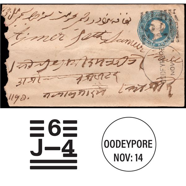 Victoria Half Anna Blue-Green Registered Envelope dispatched from Udaipur (Oodeypore) to Ajmer in 18