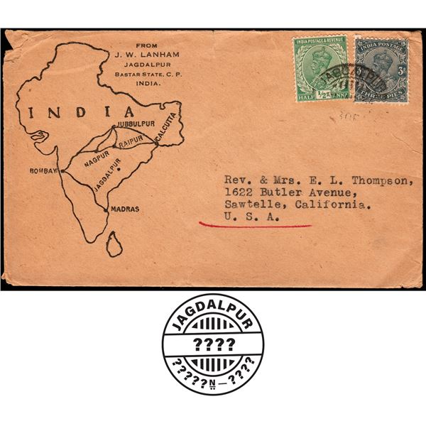 King George V Cover with map of undivided India and 2 stamps.