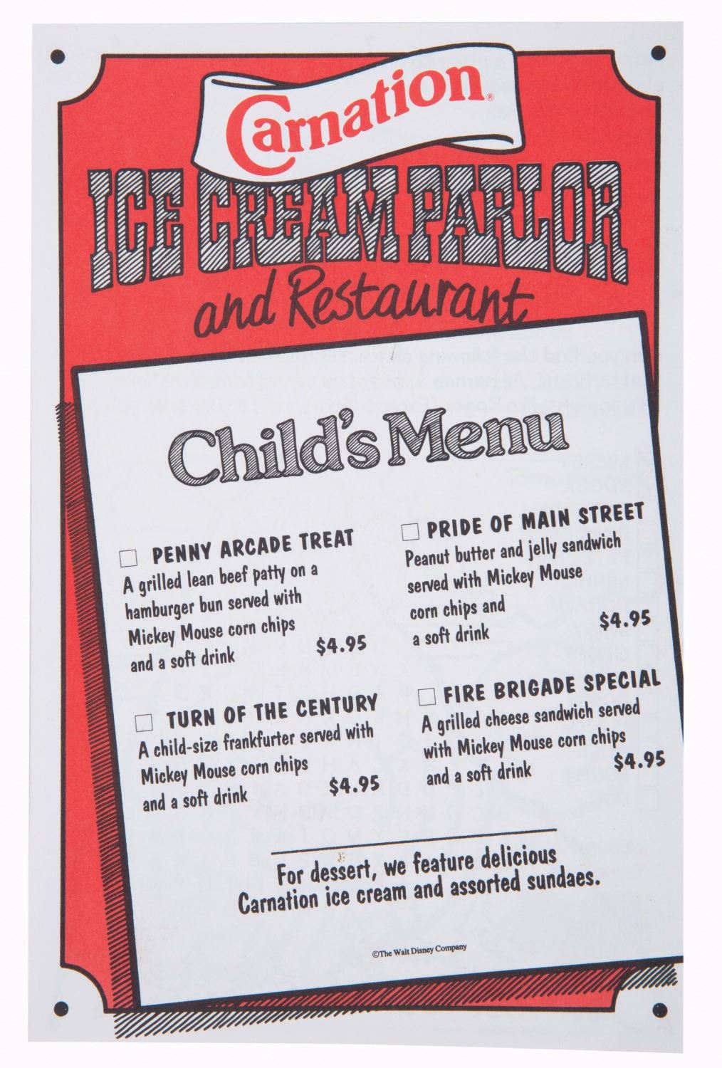 A Carnation Ice Cream Parlor Child's Menu.