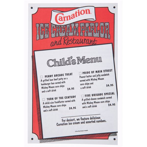 A Carnation Ice Cream Parlor Child's Menu.