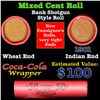 Image 1 : Mixed small cents 1c orig shotgun roll, Wheat Cent, 1901 Indian Cent other end, Coca Cola Brandt Wra